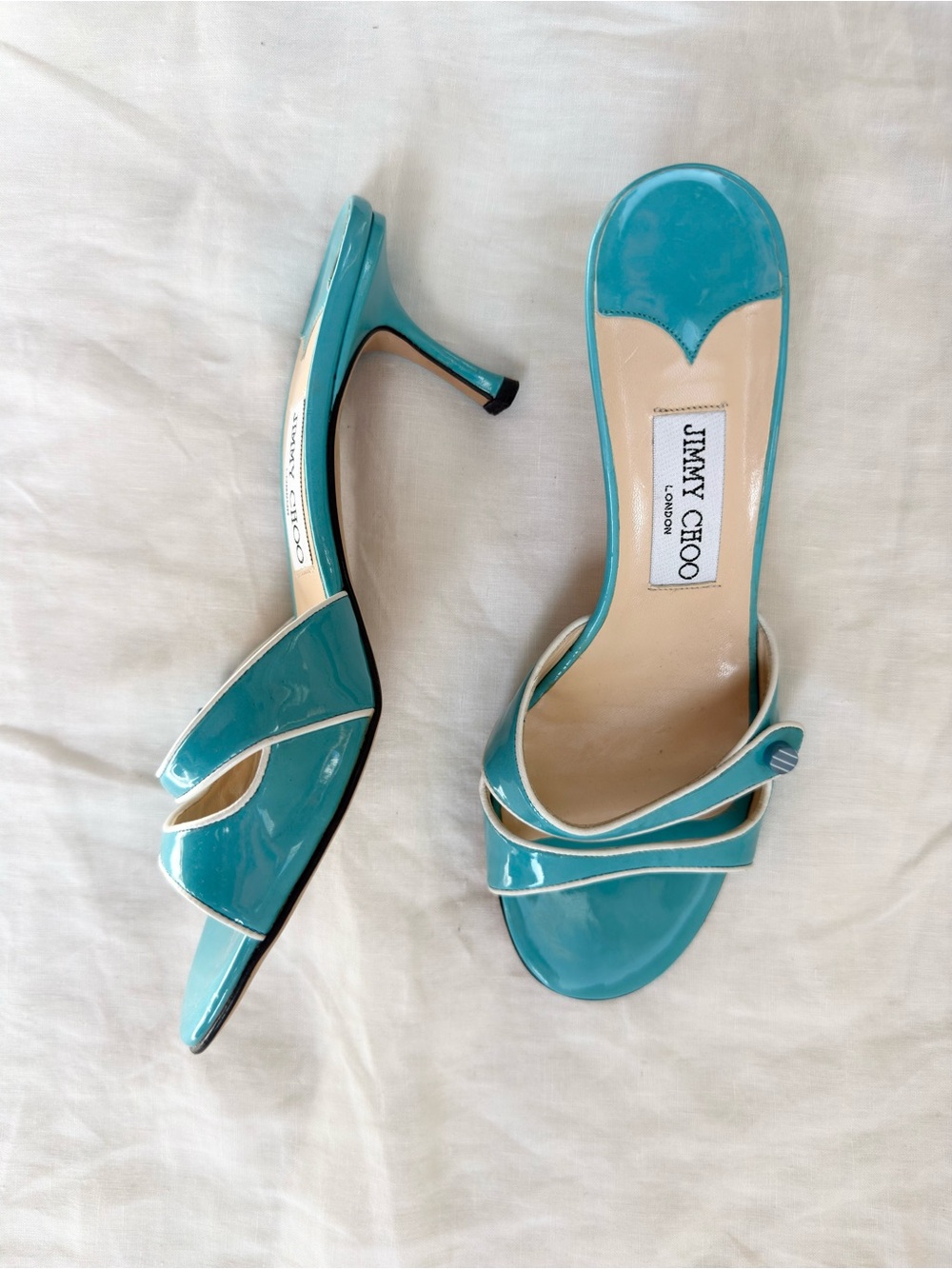 Jimmy Choo Turquoise Patent Leather Open-Toe Mules